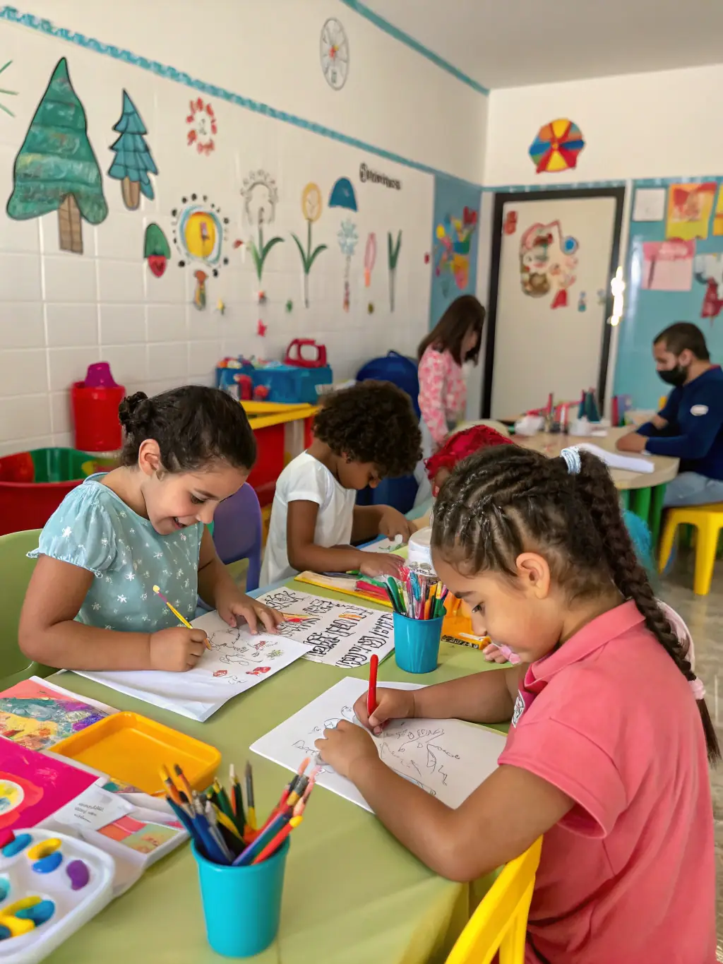 A group of children enthusiastically participating in a painting workshop at Centre Culturel Marcel Pagnol, with colorful artwork displayed around them, showcasing the center's commitment to fostering creativity in young people.