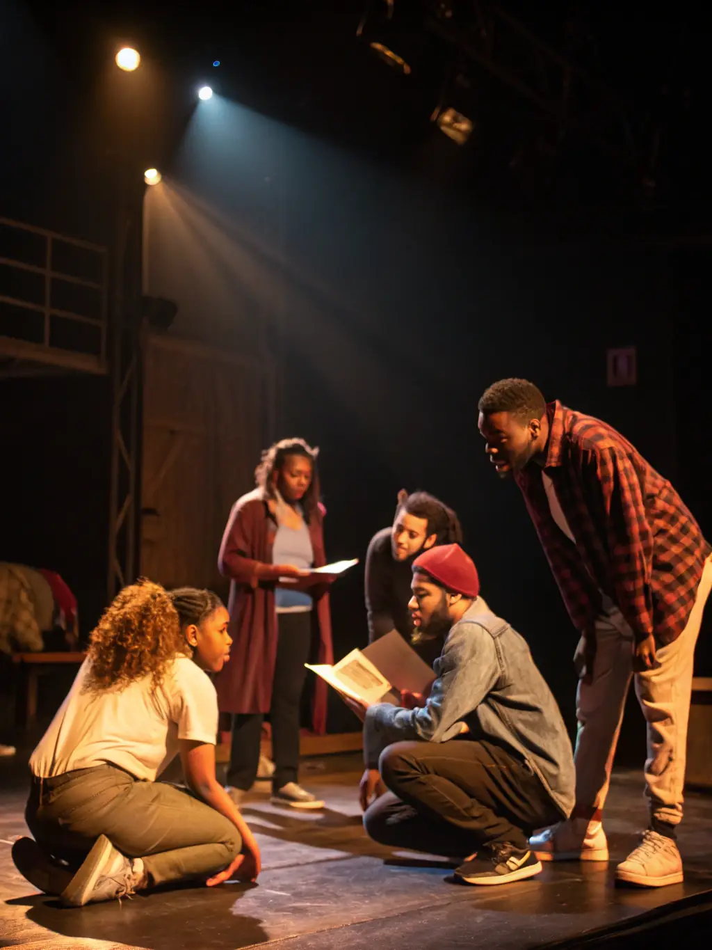 A photograph capturing adults engaged in a lively theatre rehearsal at Centre Culturel Marcel Pagnol, emphasizing collaboration and artistic expression.