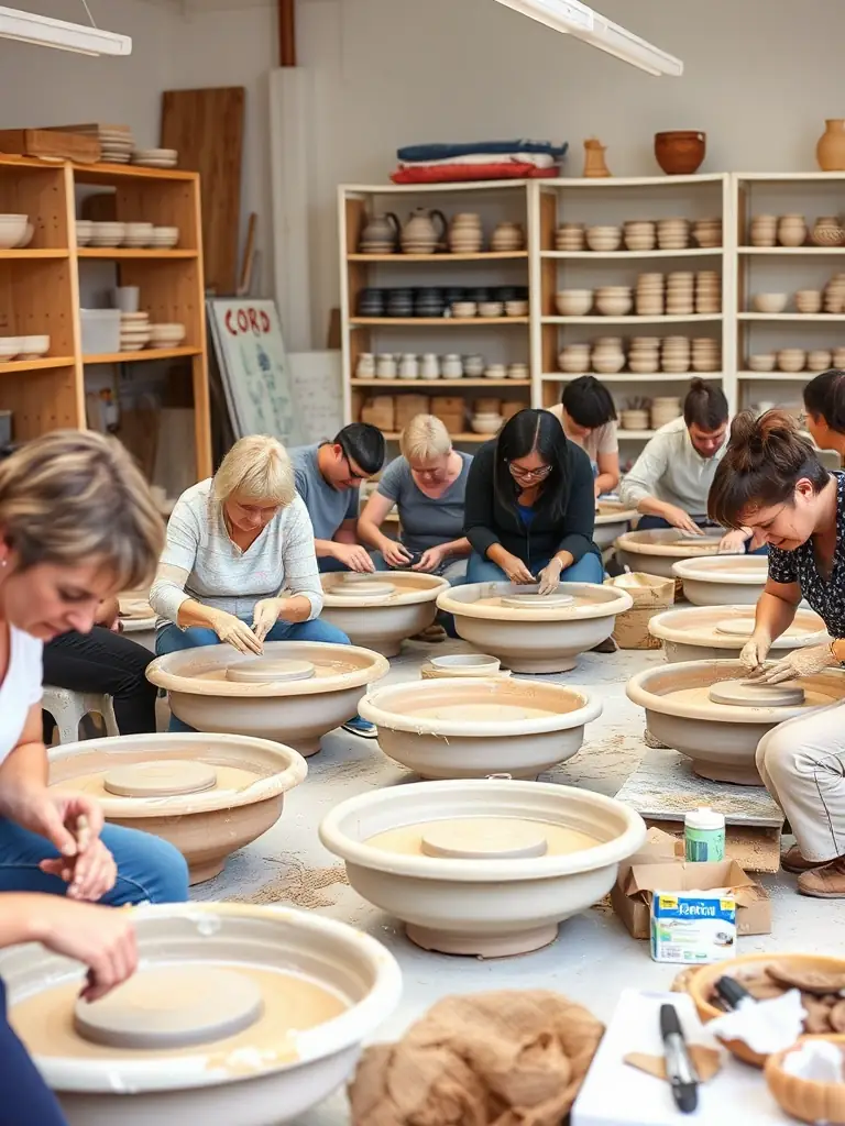 A diverse group of adults engaged in a pottery class at Centre Culturel Marcel Pagnol, with various clay creations on display, highlighting the center's offerings for adult learners.