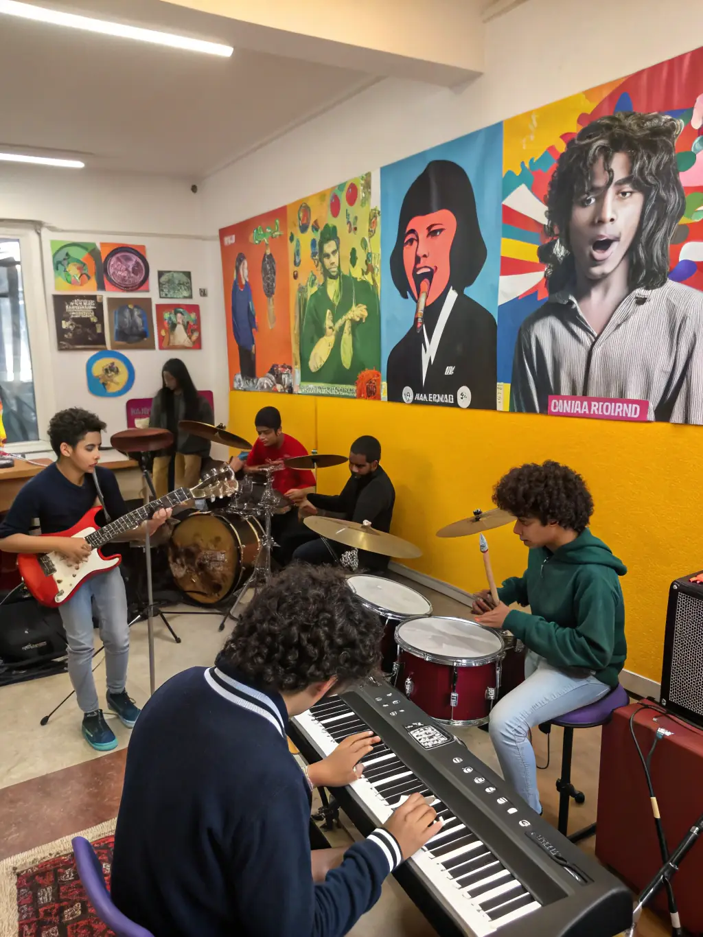 A photo of musicians playing instruments together in a music workshop at Centre Culturel Marcel Pagnol, highlighting the collaborative and harmonious atmosphere.